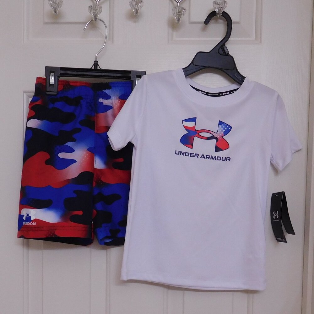 NWT 2pc Under Armour Stars and Stripes Logo Swim Shirt & Shorts Set sz 2t